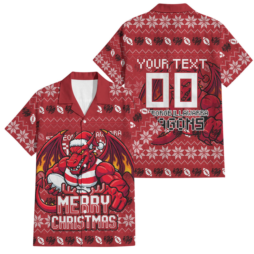 Personalized St George Illawarra Dragons Christmas Family Matching Off The Shoulder Long Sleeve Dress and Hawaiian Shirt Australian Rugby Fans - Pixelated Ugly Xmas Pattern Mascot Santa