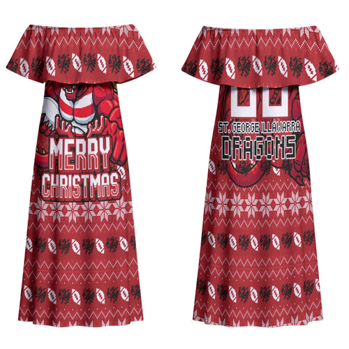 Personalized St George Illawarra Dragons Christmas Family Matching Off Shoulder Maxi Dress and Hawaiian Shirt Australian Rugby Fans - Pixelated Ugly Xmas Pattern Mascot Santa