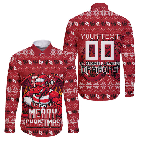 Personalized St George Illawarra Dragons Christmas Family Matching Off Shoulder Maxi Dress and Hawaiian Shirt Australian Rugby Fans - Pixelated Ugly Xmas Pattern Mascot Santa