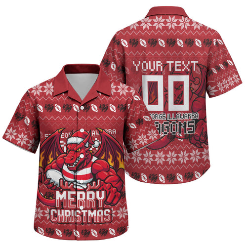 Personalized St George Illawarra Dragons Christmas Family Matching Off Shoulder Maxi Dress and Hawaiian Shirt Australian Rugby Fans - Pixelated Ugly Xmas Pattern Mascot Santa