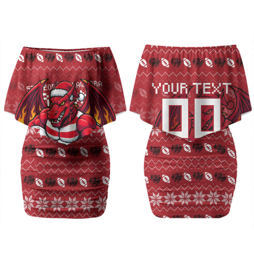 Personalized St George Illawarra Dragons Christmas Family Matching Off Shoulder Short Dress and Hawaiian Shirt Australian Rugby Fans - Pixelated Ugly Xmas Pattern Mascot Santa