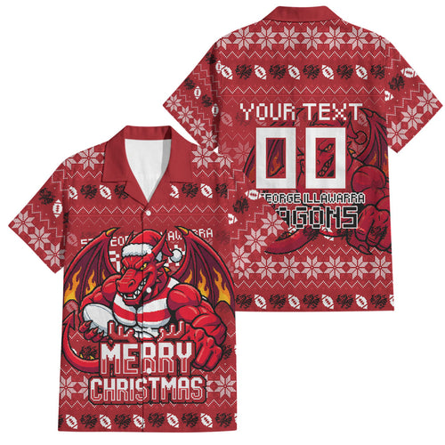Personalized St George Illawarra Dragons Christmas Family Matching Off Shoulder Short Dress and Hawaiian Shirt Australian Rugby Fans - Pixelated Ugly Xmas Pattern Mascot Santa