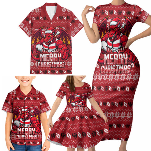 Personalized St George Illawarra Dragons Christmas Family Matching Short Sleeve Bodycon Dress and Hawaiian Shirt Australian Rugby Fans - Pixelated Ugly Xmas Pattern Mascot Santa