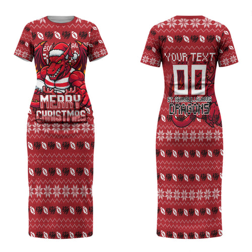Personalized St George Illawarra Dragons Christmas Family Matching Short Sleeve Bodycon Dress and Hawaiian Shirt Australian Rugby Fans - Pixelated Ugly Xmas Pattern Mascot Santa