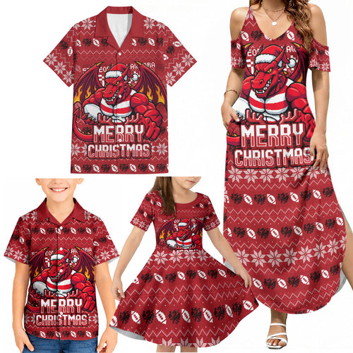 Personalized St George Illawarra Dragons Christmas Family Matching Summer Maxi Dress and Hawaiian Shirt Australian Rugby Fans - Pixelated Ugly Xmas Pattern Mascot Santa