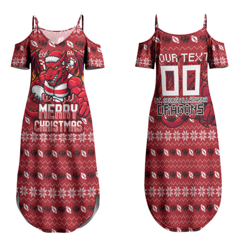 Personalized St George Illawarra Dragons Christmas Family Matching Summer Maxi Dress and Hawaiian Shirt Australian Rugby Fans - Pixelated Ugly Xmas Pattern Mascot Santa
