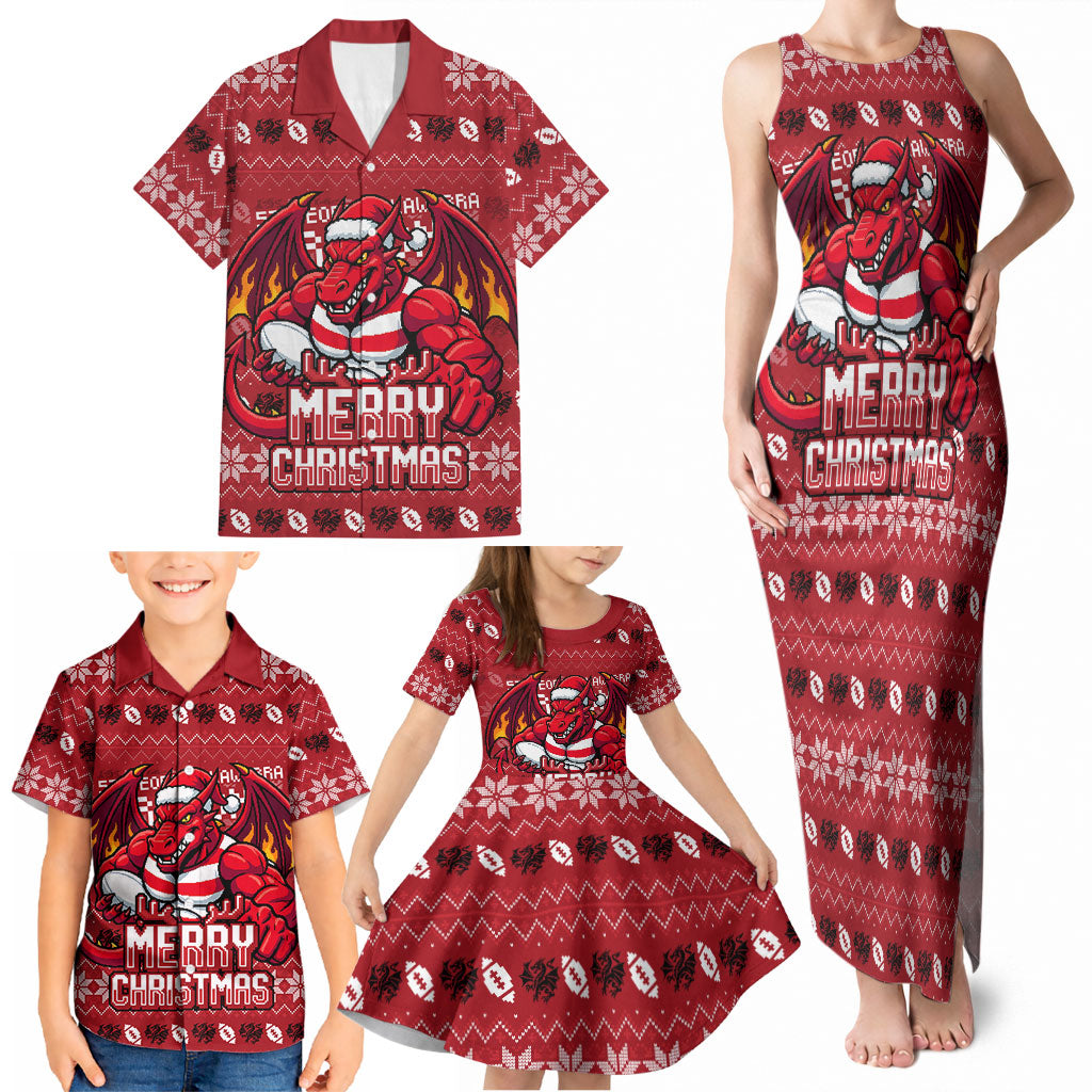 Personalized St George Illawarra Dragons Christmas Family Matching Tank Maxi Dress and Hawaiian Shirt Australian Rugby Fans - Pixelated Ugly Xmas Pattern Mascot Santa