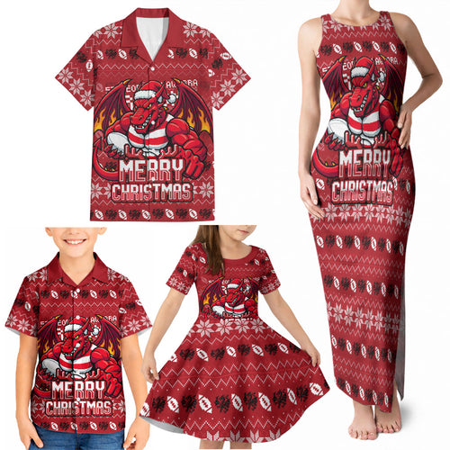 Personalized St George Illawarra Dragons Christmas Family Matching Tank Maxi Dress and Hawaiian Shirt Australian Rugby Fans - Pixelated Ugly Xmas Pattern Mascot Santa