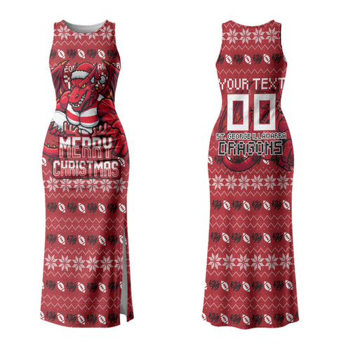 Personalized St George Illawarra Dragons Christmas Family Matching Tank Maxi Dress and Hawaiian Shirt Australian Rugby Fans - Pixelated Ugly Xmas Pattern Mascot Santa