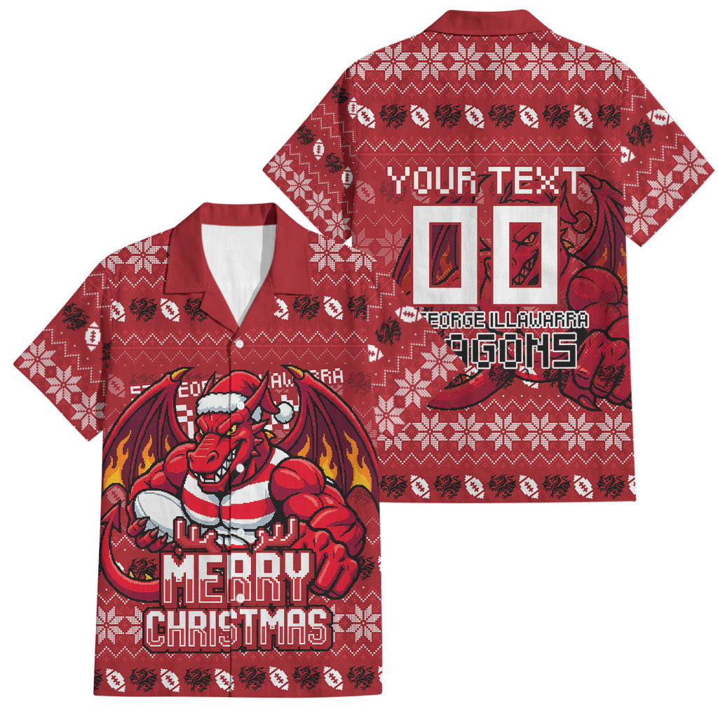 Personalized St George Illawarra Dragons Christmas Family Matching Tank Maxi Dress and Hawaiian Shirt Australian Rugby Fans - Pixelated Ugly Xmas Pattern Mascot Santa