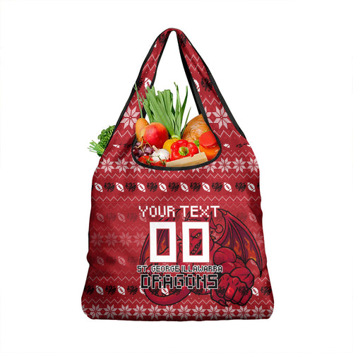 Personalized St George Illawarra Dragons Christmas Grocery Bag Australian Rugby Fans - Pixelated Ugly Xmas Pattern Mascot Santa