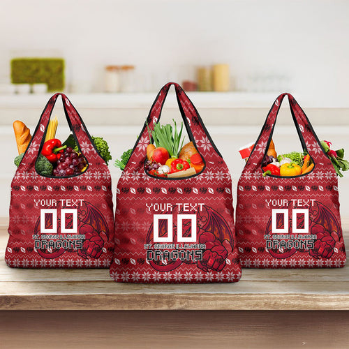 Personalized St George Illawarra Dragons Christmas Grocery Bag Australian Rugby Fans - Pixelated Ugly Xmas Pattern Mascot Santa