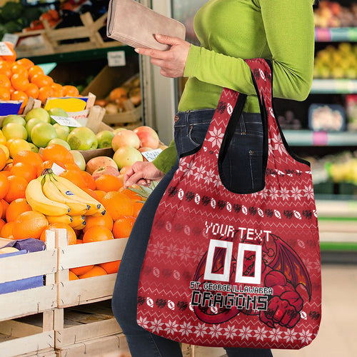 Personalized St George Illawarra Dragons Christmas Grocery Bag Australian Rugby Fans - Pixelated Ugly Xmas Pattern Mascot Santa