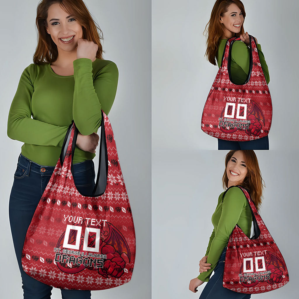 Personalized St George Illawarra Dragons Christmas Grocery Bag Australian Rugby Fans - Pixelated Ugly Xmas Pattern Mascot Santa