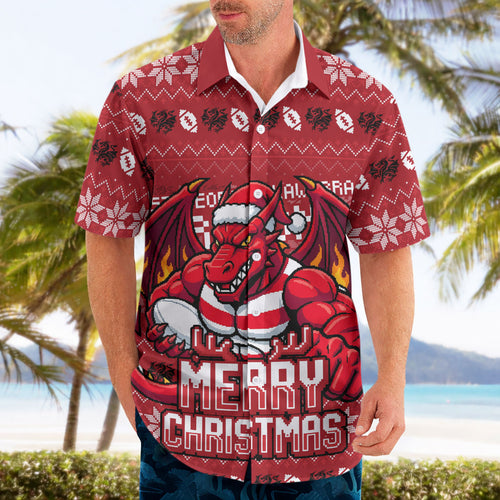 Personalized St George Illawarra Dragons Christmas Hawaiian Shirt Australian Rugby Fans - Pixelated Ugly Xmas Pattern Mascot Santa