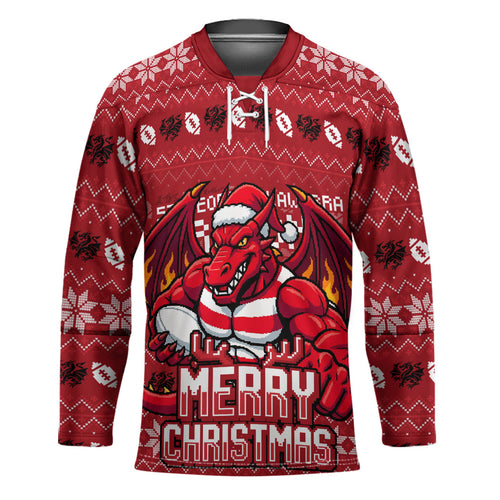 Personalized St George Illawarra Dragons Christmas Hockey Jersey Australian Rugby Fans - Pixelated Ugly Xmas Pattern Mascot Santa