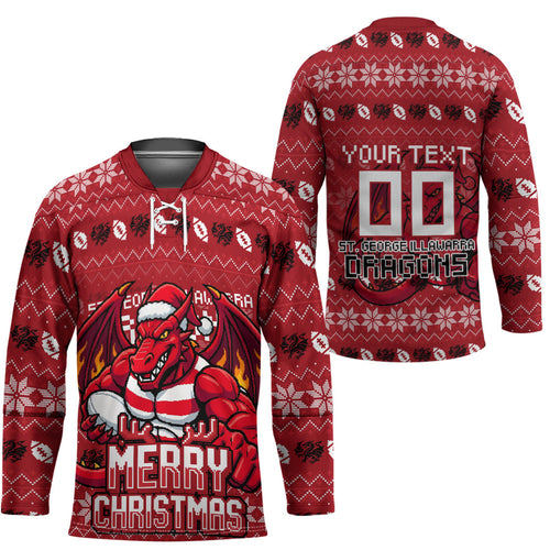 Personalized St George Illawarra Dragons Christmas Hockey Jersey Australian Rugby Fans - Pixelated Ugly Xmas Pattern Mascot Santa