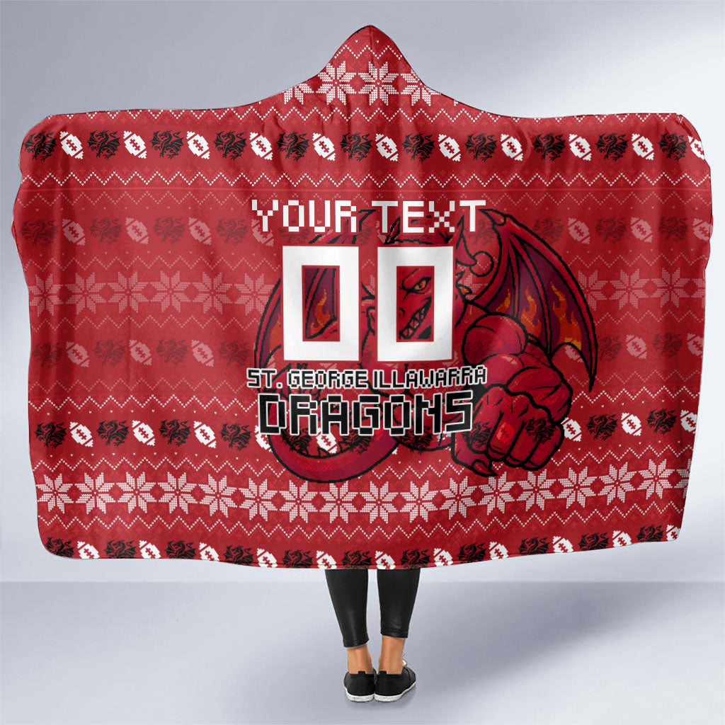 Personalized St George Illawarra Dragons Christmas Hooded Blanket Australian Rugby Fans - Pixelated Ugly Xmas Pattern Mascot Santa