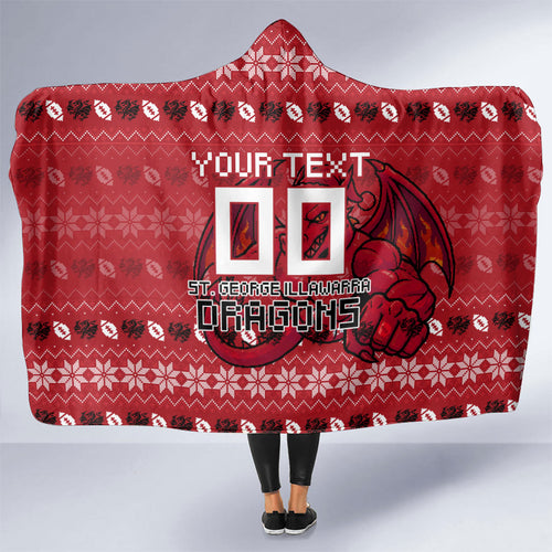 Personalized St George Illawarra Dragons Christmas Hooded Blanket Australian Rugby Fans - Pixelated Ugly Xmas Pattern Mascot Santa