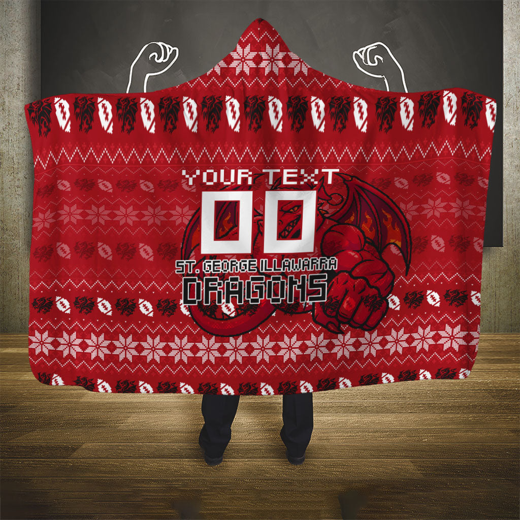 Personalized St George Illawarra Dragons Christmas Hooded Blanket Australian Rugby Fans - Pixelated Ugly Xmas Pattern Mascot Santa