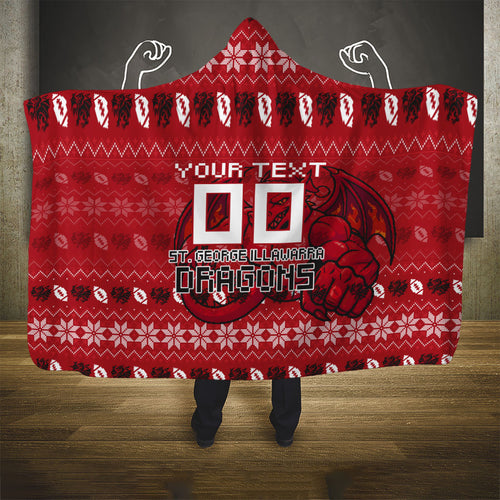 Personalized St George Illawarra Dragons Christmas Hooded Blanket Australian Rugby Fans - Pixelated Ugly Xmas Pattern Mascot Santa