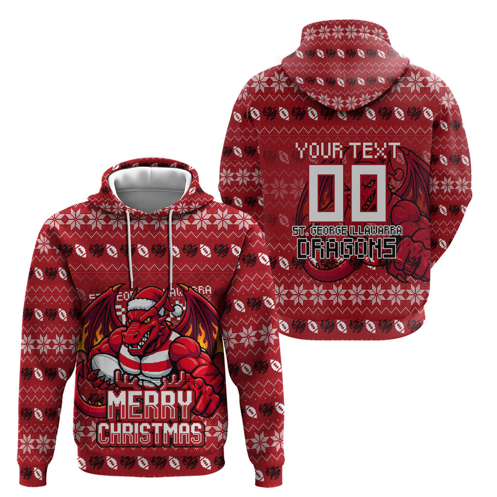 Personalized St George Illawarra Dragons Christmas Hoodie Australian Rugby Fans - Pixelated Ugly Xmas Pattern Mascot Santa
