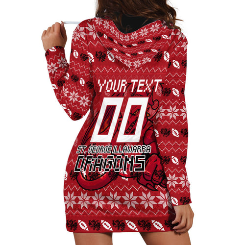 Personalized St George Illawarra Dragons Christmas Hoodie Dress Australian Rugby Fans - Pixelated Ugly Xmas Pattern Mascot Santa