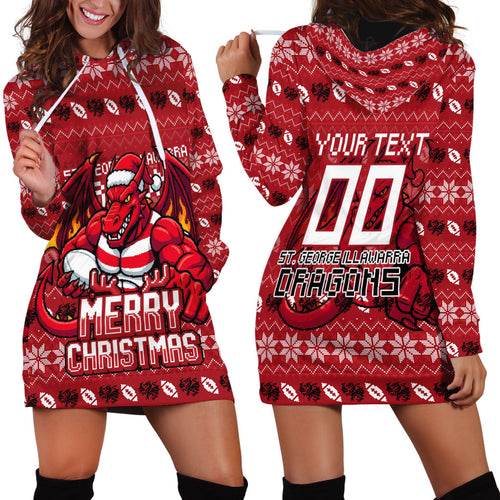 Personalized St George Illawarra Dragons Christmas Hoodie Dress Australian Rugby Fans - Pixelated Ugly Xmas Pattern Mascot Santa