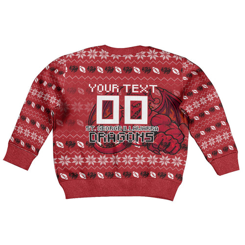 Personalized St George Illawarra Dragons Christmas Kid Ugly Christmas Sweater Australian Rugby Fans - Pixelated Ugly Xmas Pattern Mascot Santa