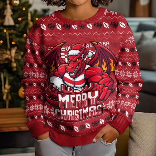 Personalized St George Illawarra Dragons Christmas Kid Ugly Christmas Sweater Australian Rugby Fans - Pixelated Ugly Xmas Pattern Mascot Santa
