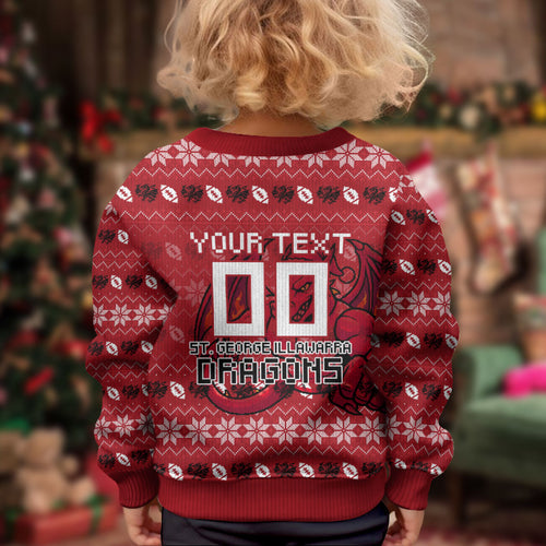 Personalized St George Illawarra Dragons Christmas Kid Ugly Christmas Sweater Australian Rugby Fans - Pixelated Ugly Xmas Pattern Mascot Santa