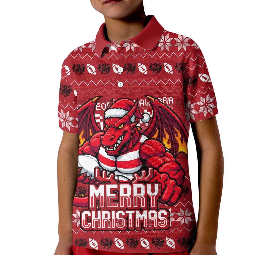 Personalized St George Illawarra Dragons Christmas Kid Polo Shirt Australian Rugby Fans - Pixelated Ugly Xmas Pattern Mascot Santa