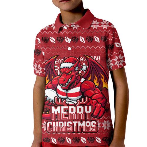 Personalized St George Illawarra Dragons Christmas Kid Polo Shirt Australian Rugby Fans - Pixelated Ugly Xmas Pattern Mascot Santa