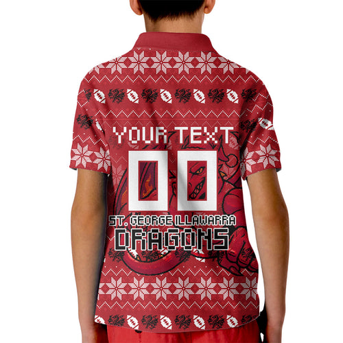 Personalized St George Illawarra Dragons Christmas Kid Polo Shirt Australian Rugby Fans - Pixelated Ugly Xmas Pattern Mascot Santa