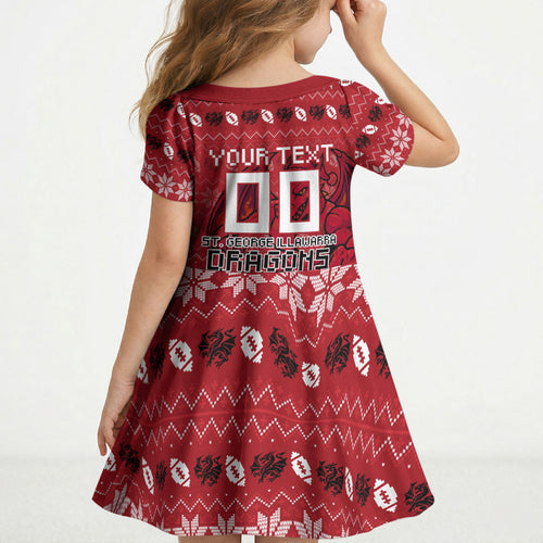 Personalized St George Illawarra Dragons Christmas Kid Short Sleeve Dress Australian Rugby Fans - Pixelated Ugly Xmas Pattern Mascot Santa