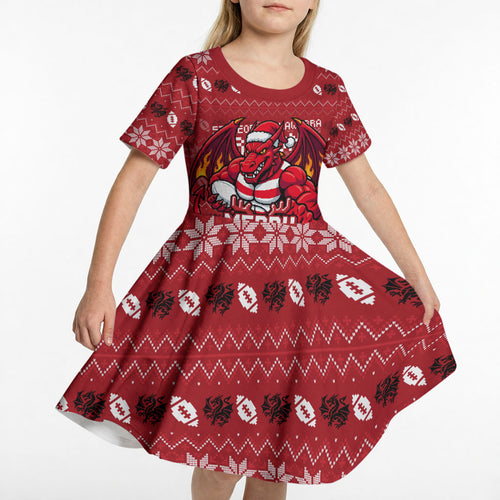 Personalized St George Illawarra Dragons Christmas Kid Short Sleeve Dress Australian Rugby Fans - Pixelated Ugly Xmas Pattern Mascot Santa