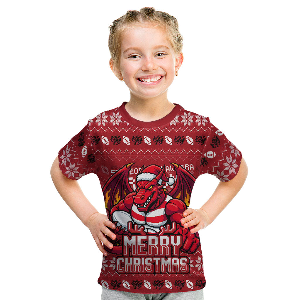Personalized St George Illawarra Dragons Christmas Kid T Shirt Australian Rugby Fans - Pixelated Ugly Xmas Pattern Mascot Santa