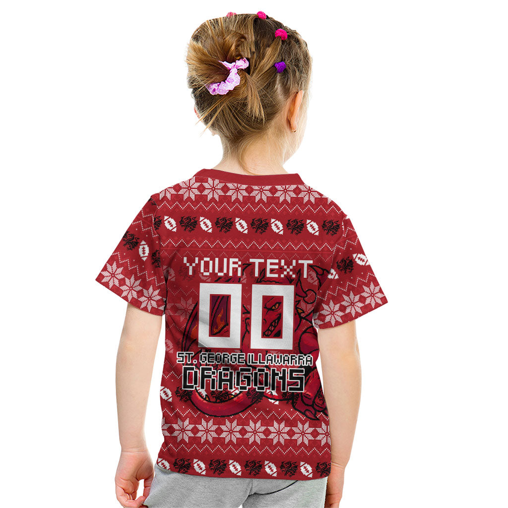 Personalized St George Illawarra Dragons Christmas Kid T Shirt Australian Rugby Fans - Pixelated Ugly Xmas Pattern Mascot Santa