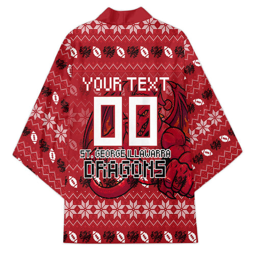 Personalized St George Illawarra Dragons Christmas Kimono Australian Rugby Fans - Pixelated Ugly Xmas Pattern Mascot Santa