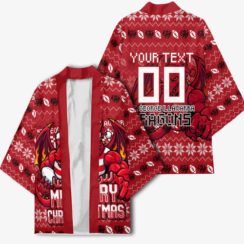 Personalized St George Illawarra Dragons Christmas Kimono Australian Rugby Fans - Pixelated Ugly Xmas Pattern Mascot Santa
