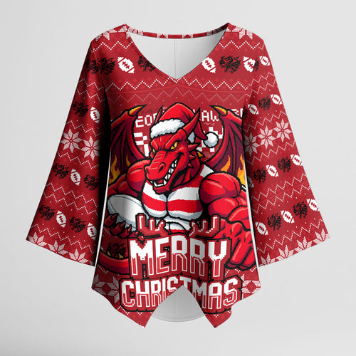 Personalized St George Illawarra Dragons Christmas Kimono Sleeve Blouse Australian Rugby Fans - Pixelated Ugly Xmas Pattern Mascot Santa