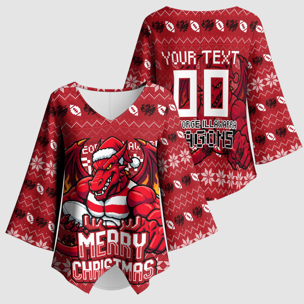 Personalized St George Illawarra Dragons Christmas Kimono Sleeve Blouse Australian Rugby Fans - Pixelated Ugly Xmas Pattern Mascot Santa