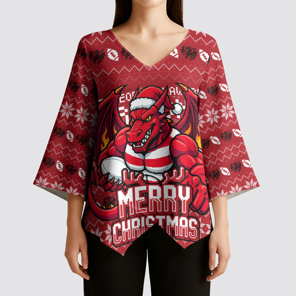 Personalized St George Illawarra Dragons Christmas Kimono Sleeve Blouse Australian Rugby Fans - Pixelated Ugly Xmas Pattern Mascot Santa