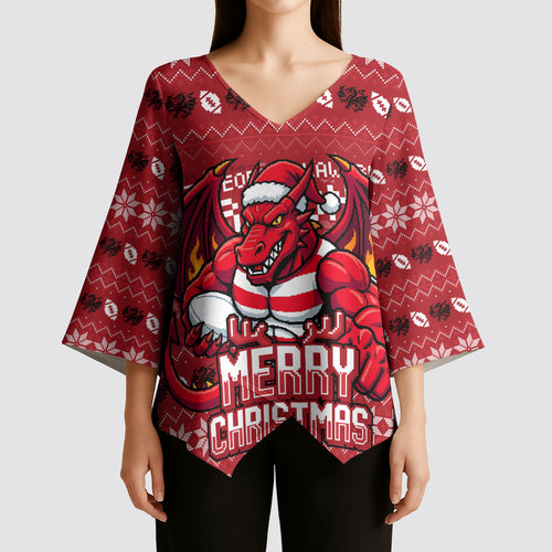 Personalized St George Illawarra Dragons Christmas Kimono Sleeve Blouse Australian Rugby Fans - Pixelated Ugly Xmas Pattern Mascot Santa