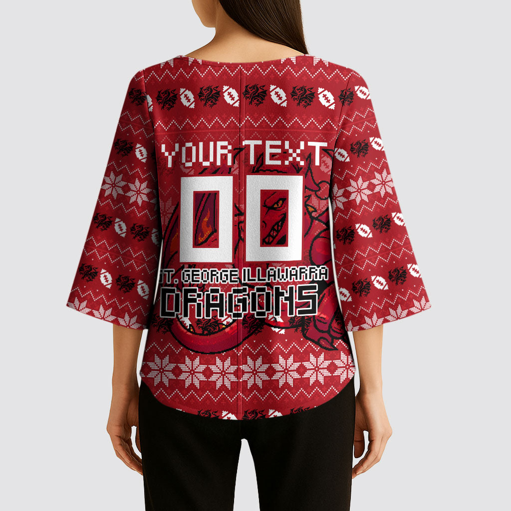 Personalized St George Illawarra Dragons Christmas Kimono Sleeve Blouse Australian Rugby Fans - Pixelated Ugly Xmas Pattern Mascot Santa
