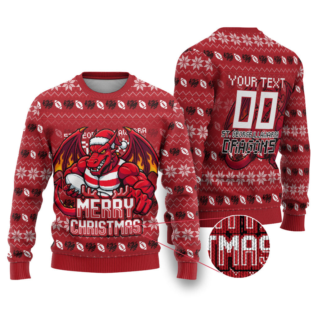 Personalized St George Illawarra Dragons Christmas Ugly Christmas Sweater Australian Rugby Fans - Pixelated Ugly Xmas Pattern Mascot Santa