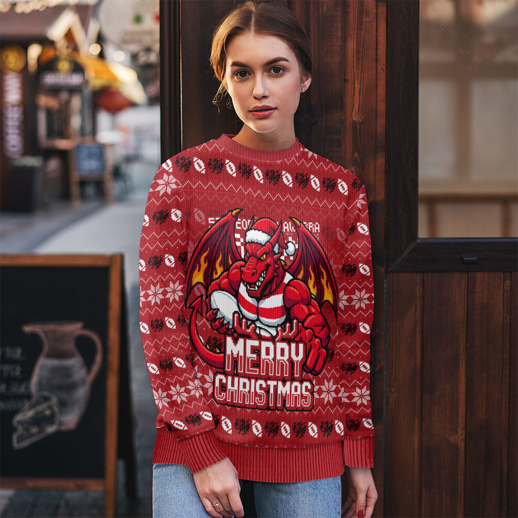 Personalized St George Illawarra Dragons Christmas Ugly Christmas Sweater Australian Rugby Fans - Pixelated Ugly Xmas Pattern Mascot Santa