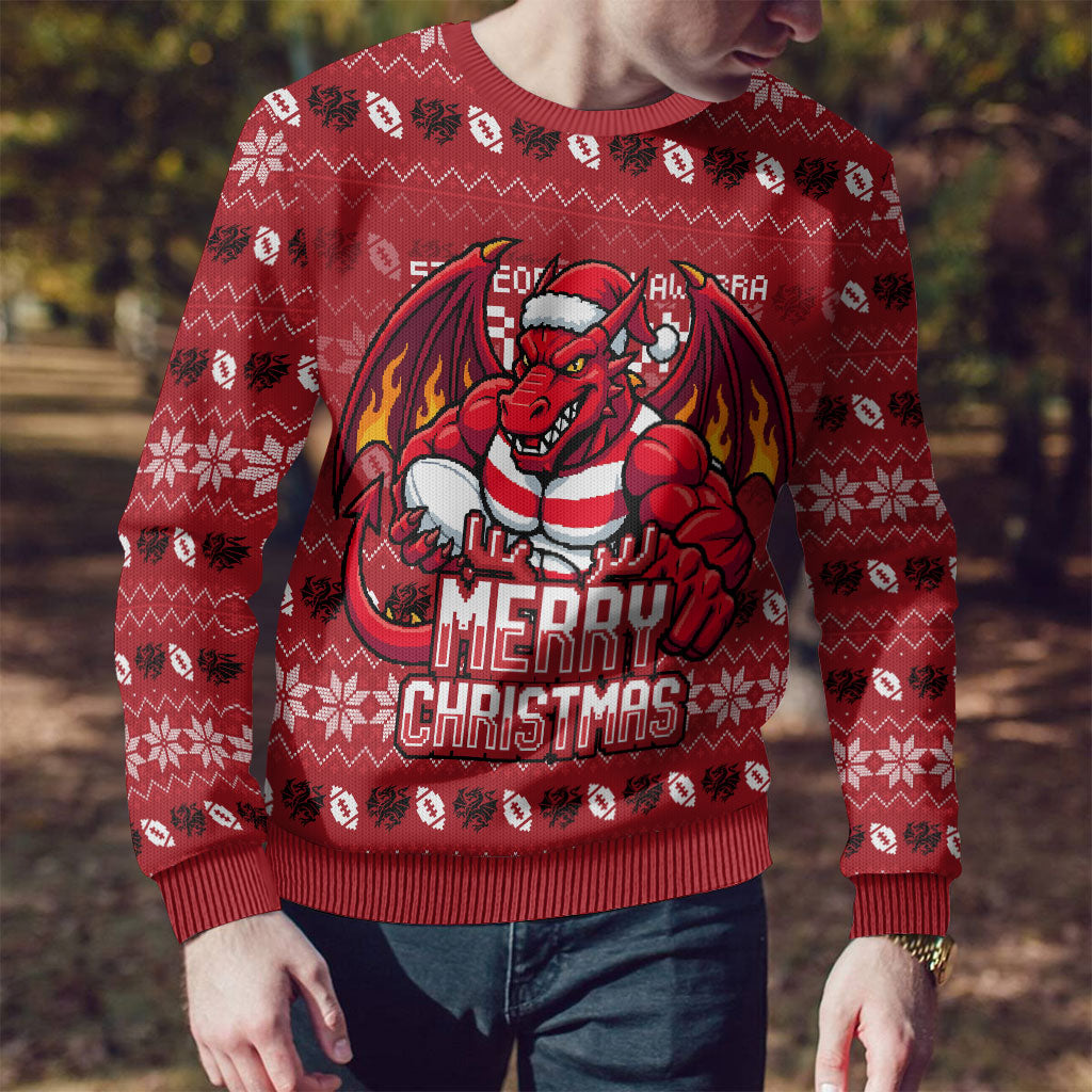 Personalized St George Illawarra Dragons Christmas Ugly Christmas Sweater Australian Rugby Fans - Pixelated Ugly Xmas Pattern Mascot Santa