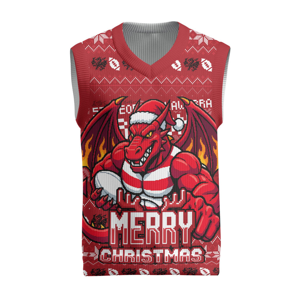 Personalized St George Illawarra Dragons Christmas Knitted V-Neck Vest Australian Rugby Fans - Pixelated Ugly Xmas Pattern Mascot Santa