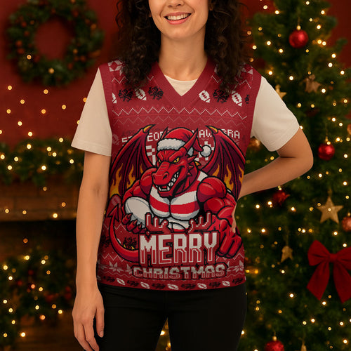 Personalized St George Illawarra Dragons Christmas Knitted V-Neck Vest Australian Rugby Fans - Pixelated Ugly Xmas Pattern Mascot Santa